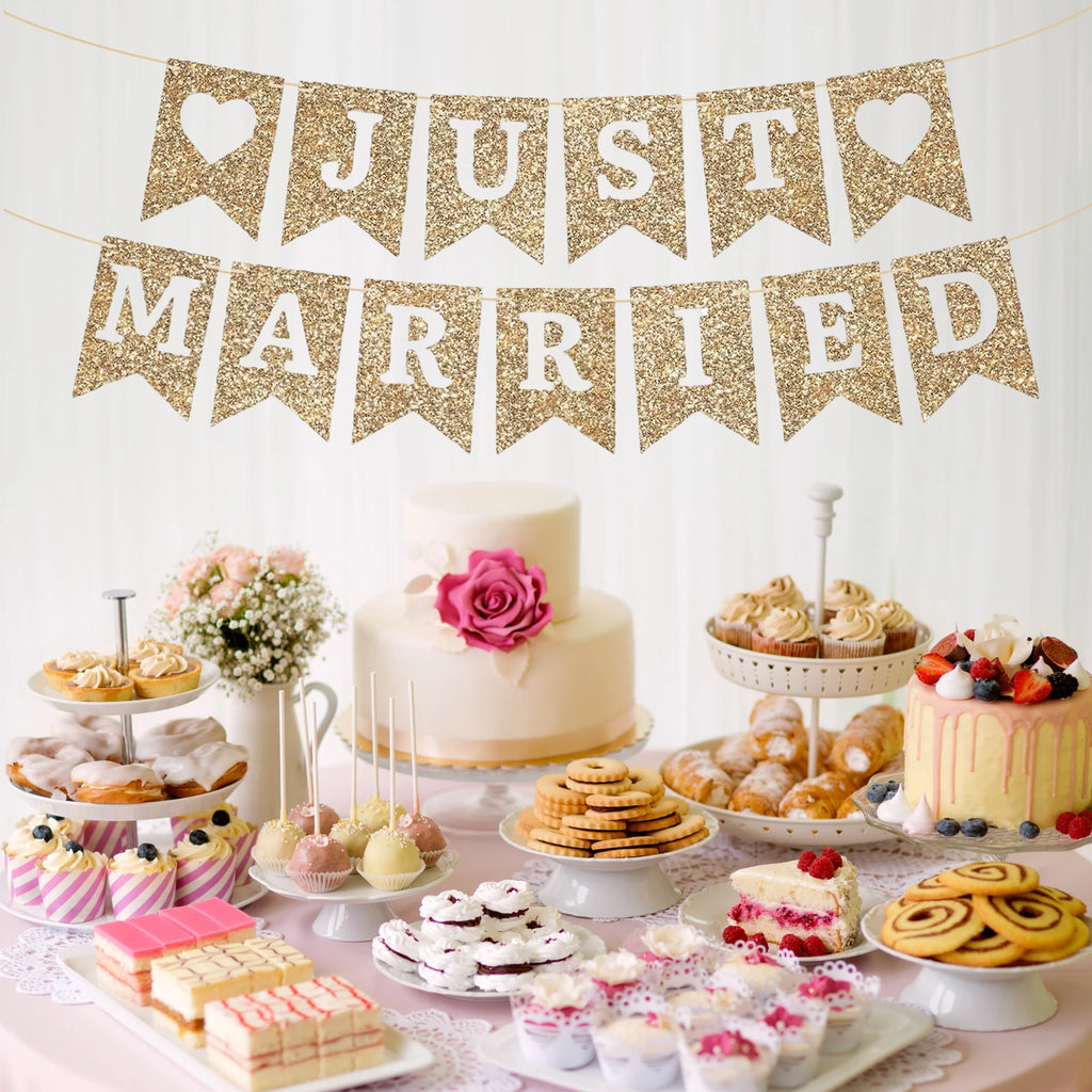 Just Married Banner Gold Glitter Wedding Party Banner Gold Wedding Reception Party or Car Decorations & Decor