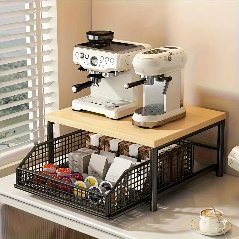 Kitchen Countertop Organizer with Drawer & Wire Basket - Sturdy Hardwood & Metal 2-Tier Storage Shelf for Coffee Maker, Utensils