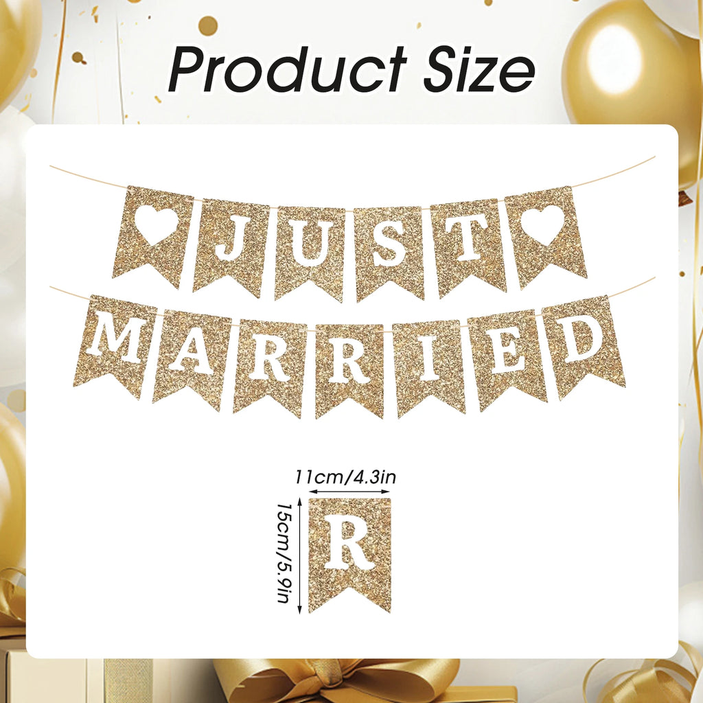 Just Married Banner Gold Glitter Wedding Party Banner Gold Wedding Reception Party or Car Decorations & Decor
