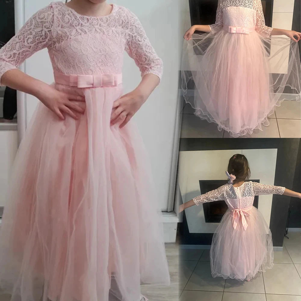 Girl's Dress 6-14 Y Flower Girls Wedding Elegant Lace Prom Bridesmaid Birthday Party Kids Lace Dress Vintage Performance Dresses