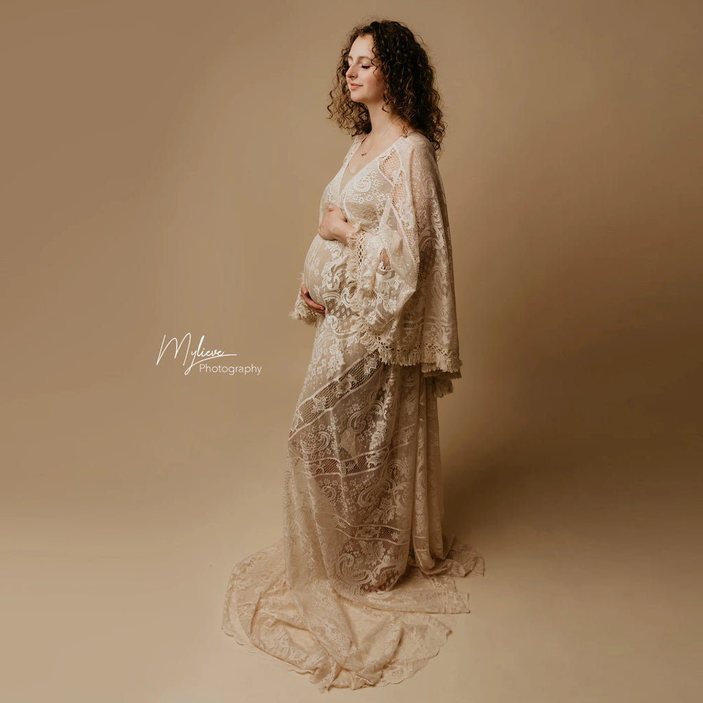 Don&Judy Maternity Dress Boho Photo shoot Maxi Long Sleeve Wedding Party Evening Ivory Gown for Bride Pregnant Women Photography