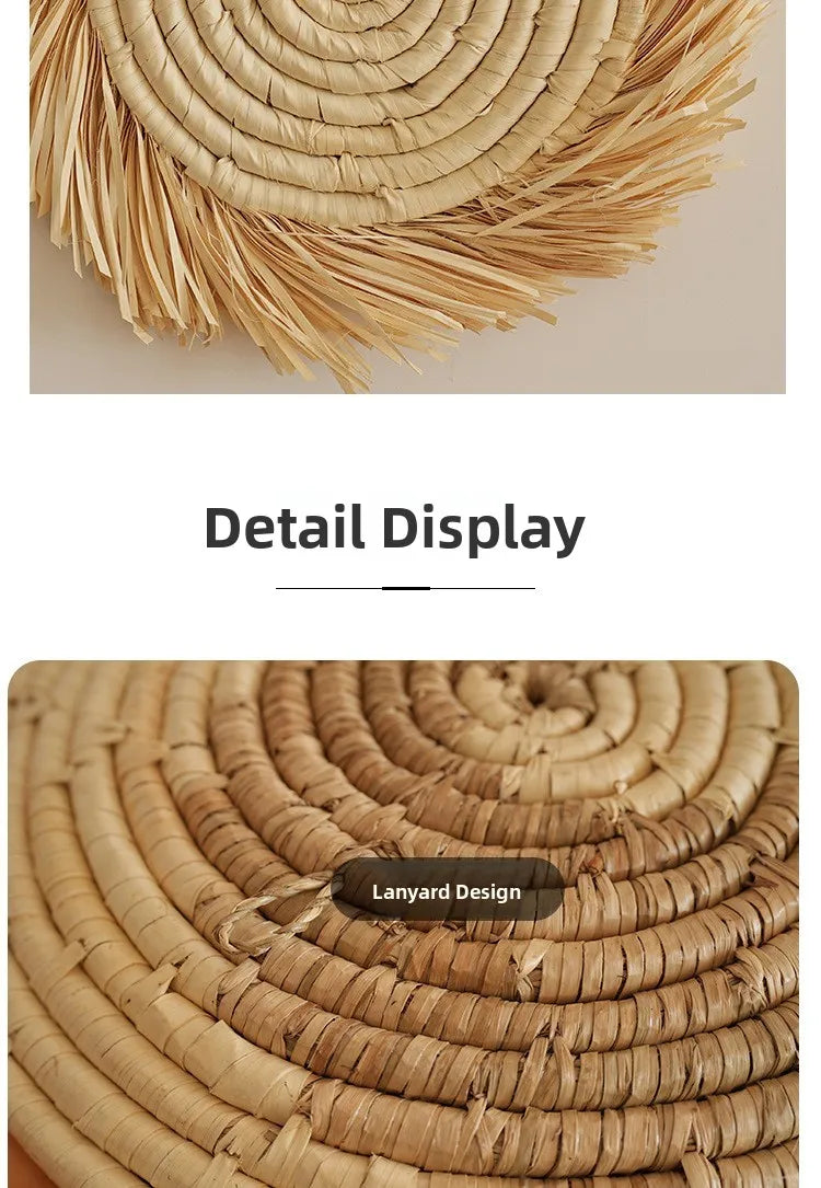 Boho Chic Handcrafted Seagrass Wall Baskets, Rattan Woven Round Bohemian Decor for Home,Farmhouse-Featherless,Versatile Use