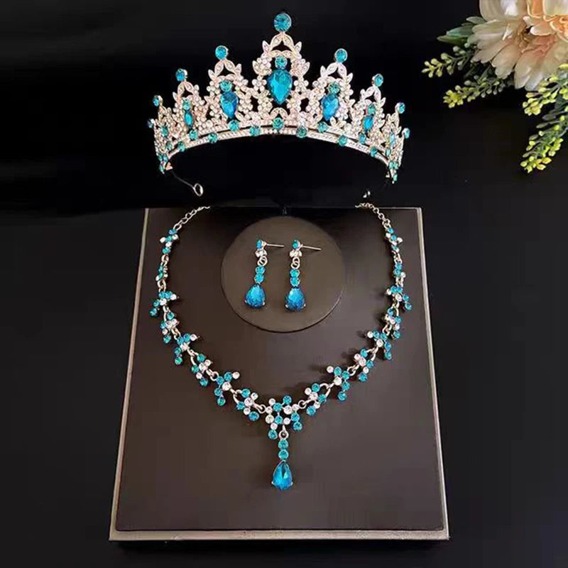 3pcs set Bridal Bride Crystal Tiaras Crowns Earrings Necklace Jewelry Set Rhinestone Wedding Hair Accessories for Women