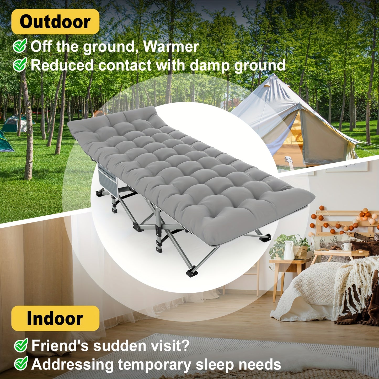 Heavy-Duty 1200D Oxford Folding Camping Cot Bed for Adults with Soft Foam Padding & Carry Bag - Double Layer Portable Outdoor Bed, Ergonomic Design with Sturdy Frame, Ideal as Chaise Lounge for Camping, Patio, Garden, Backyar