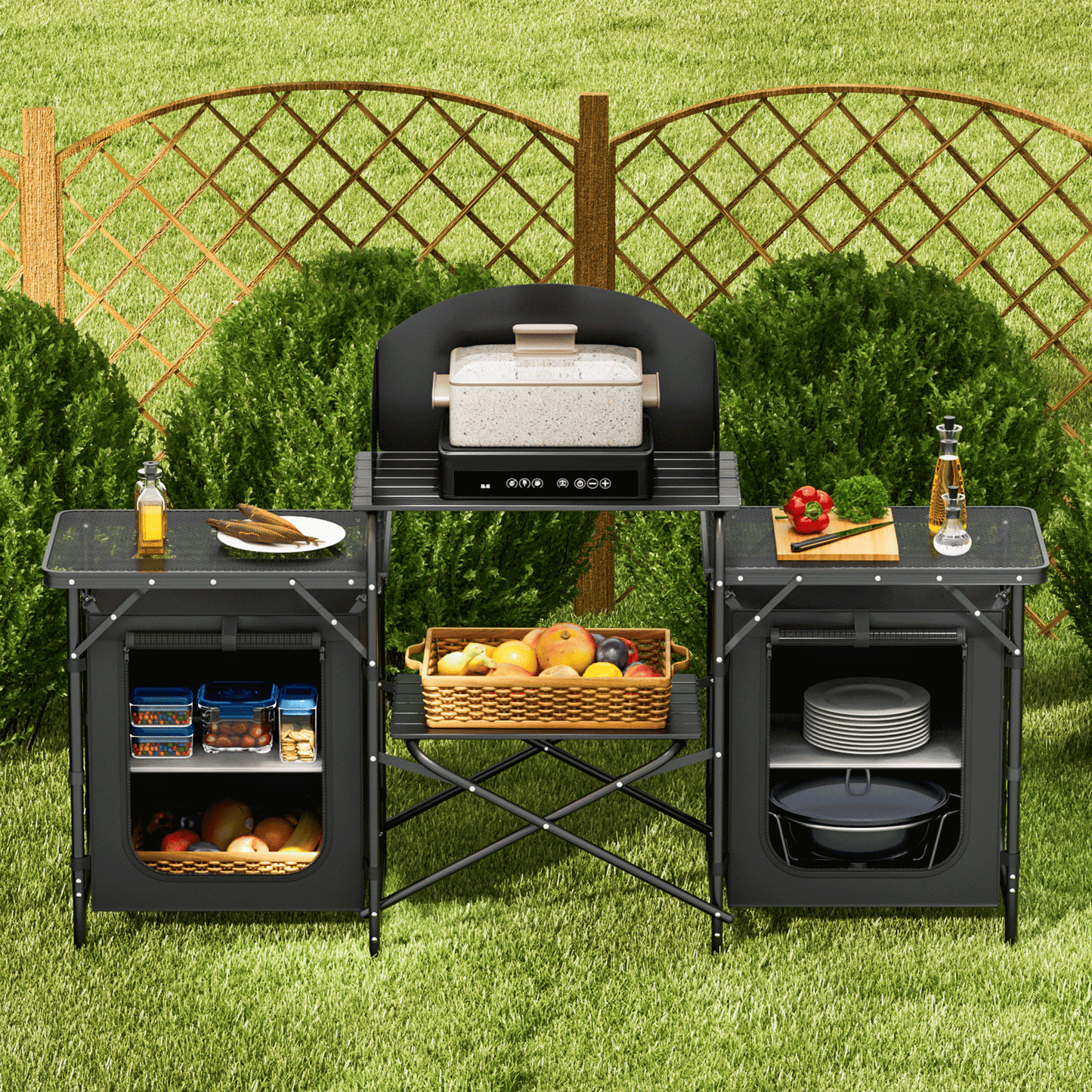 Magshion Folding Portable Cook Table with Storage Organizer & Windscreen, Camping Kitchen Table Outdoor Camp Table with Zippered Bag