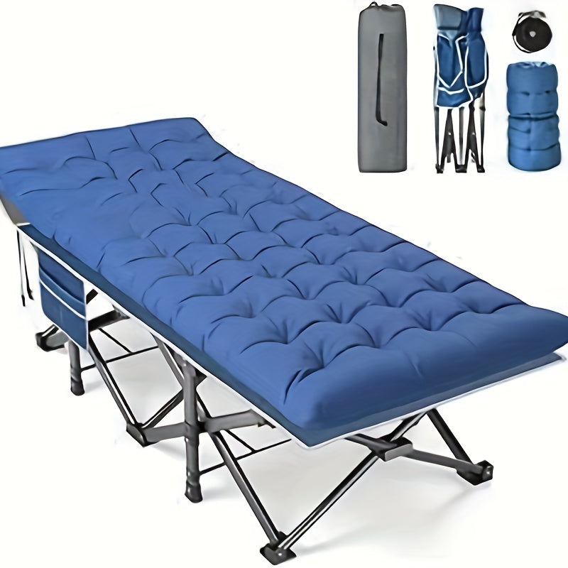 Oversized 32in XXL Folding Camping Cot - 79" L x 32" W x 19" H Camp Cot with Mattress, Carry Bag, and Strapping - 500lbs Support, Blue Cot with Black Pad