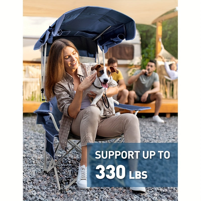 Beach Chair With Canopy Shade, Folding Camping Chair With Canopy With Cup Holder, Side Pocket For Camp, Beach, Tailgates, Fishing - Support 330 LBS