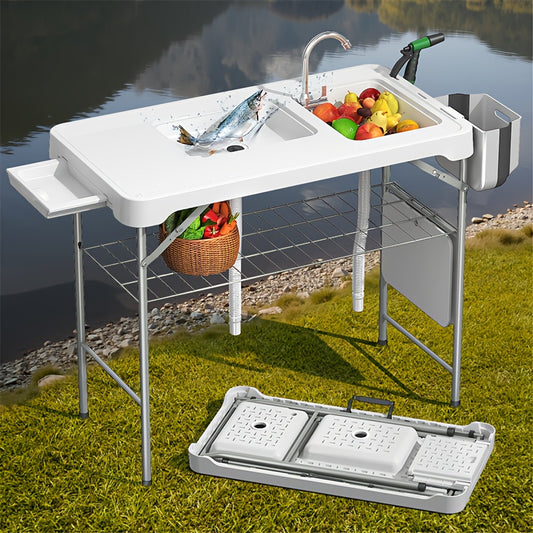 42.5" Sink with Faucet – Portable Outdoor Basin Station for Camping, Fishing, and Picnics – Foldable Camp Sink with Tap, Hose Connector, and Accessories