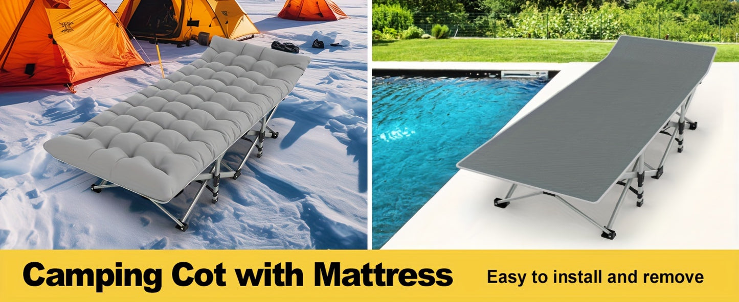 Heavy-Duty 1200D Oxford Folding Camping Cot Bed for Adults with Soft Foam Padding & Carry Bag - Double Layer Portable Outdoor Bed, Ergonomic Design with Sturdy Frame, Ideal as Chaise Lounge for Camping, Patio, Garden, Backyar