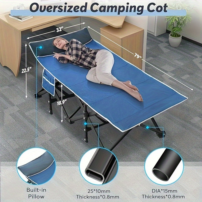 Oversized 32in XXL Folding Camping Cot - 79" L x 32" W x 19" H Camp Cot with Mattress, Carry Bag, and Strapping - 500lbs Support, Blue Cot with Black Pad