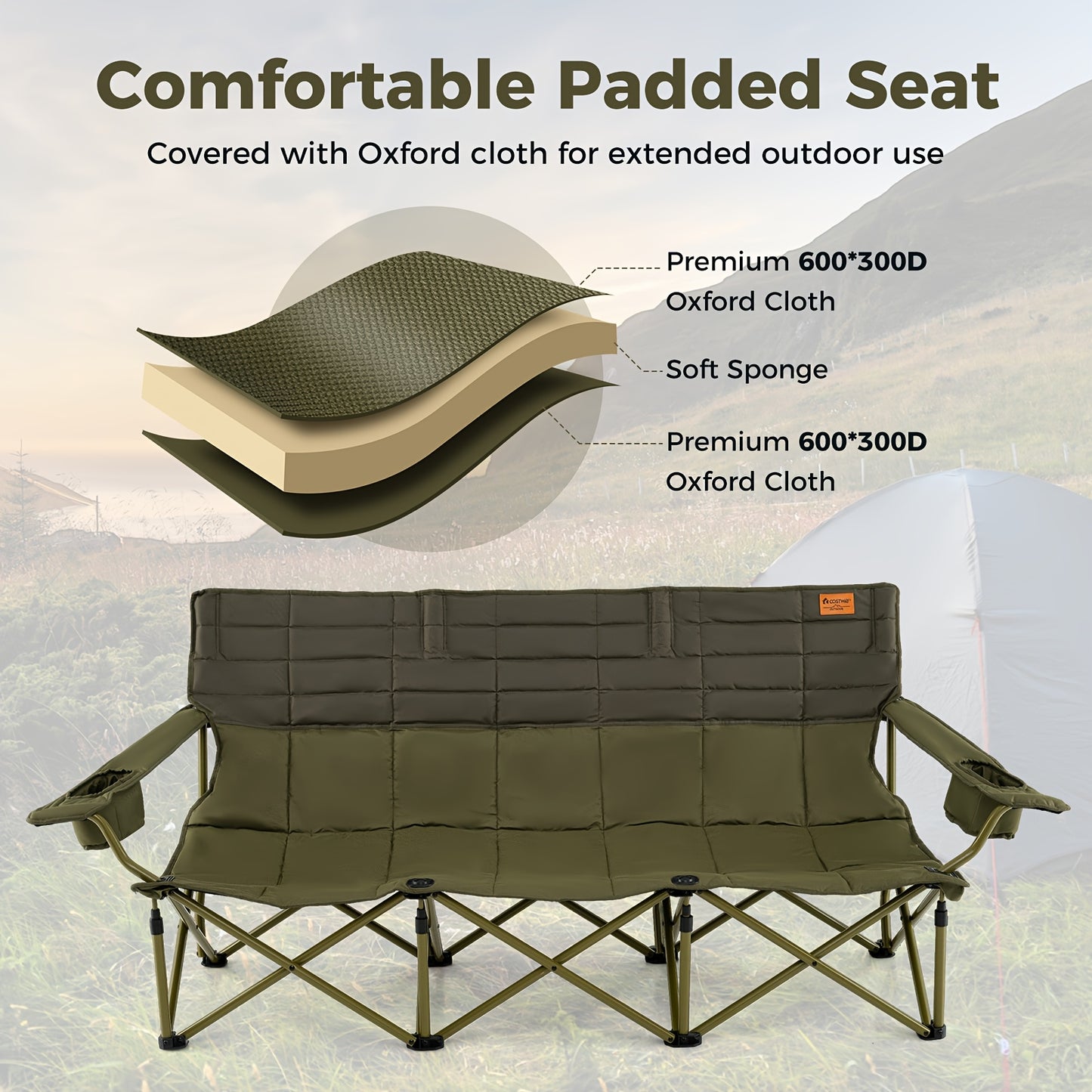 3 Person Folding Camping Chair Heavy-Duty Camp Couch w/ 2 Cup Holders Padding