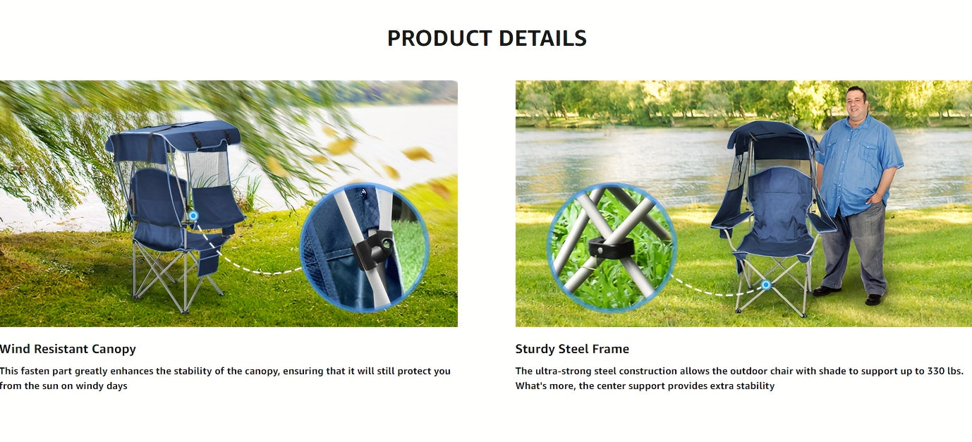 Beach Chair With Canopy Shade, Folding Camping Chair With Canopy With Cup Holder, Side Pocket For Camp, Beach, Tailgates, Fishing - Support 330 LBS