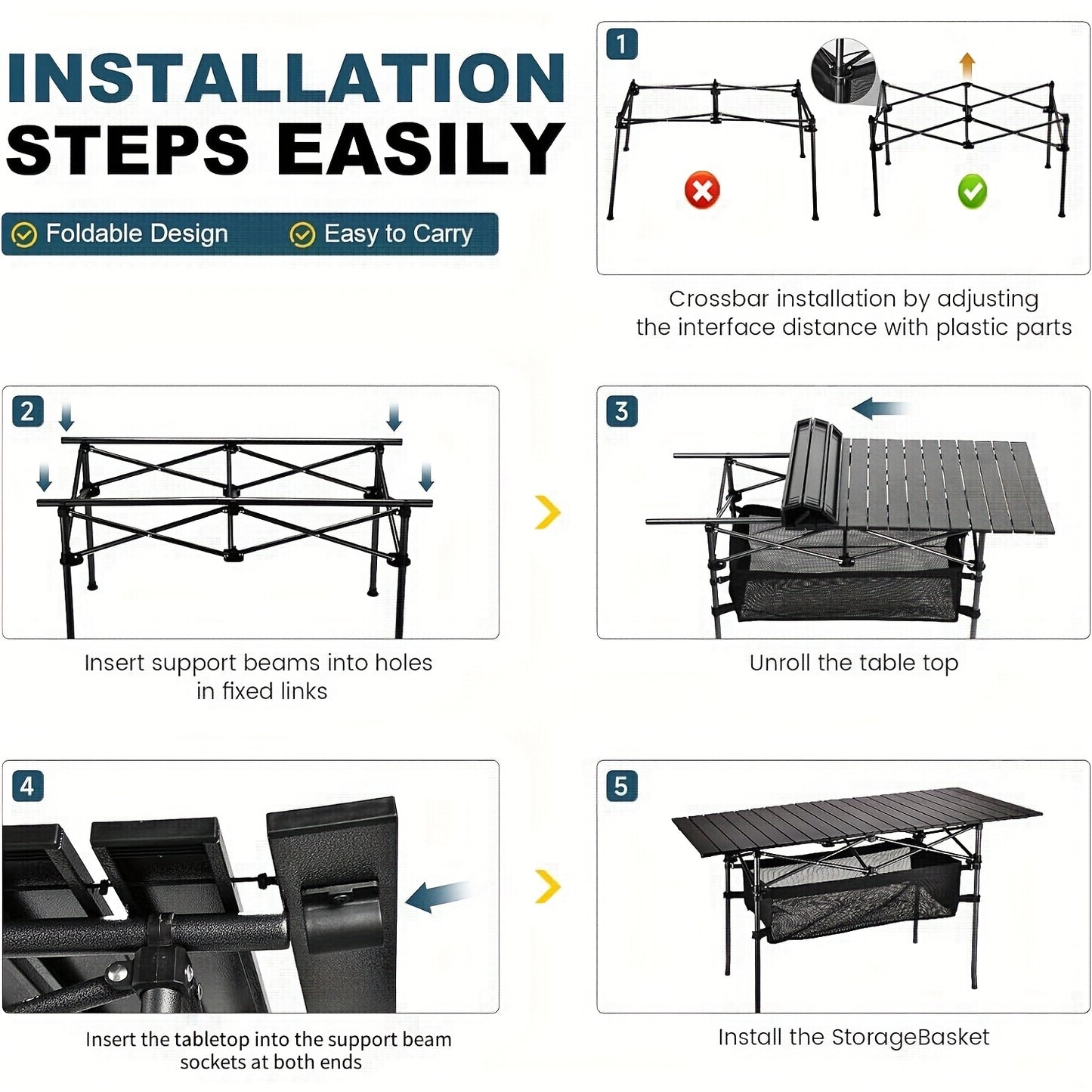 Portable Folding Camping Table, Lightweight Roll-Up Picnic Table with Storage Bag, Sturdy Aluminum Alloy Table Easy Carry Outdoor Camp Grill Table, Casual Style, Black for Indoor, Outdoor, Camping, Beach, Backyard, BBQ, Party