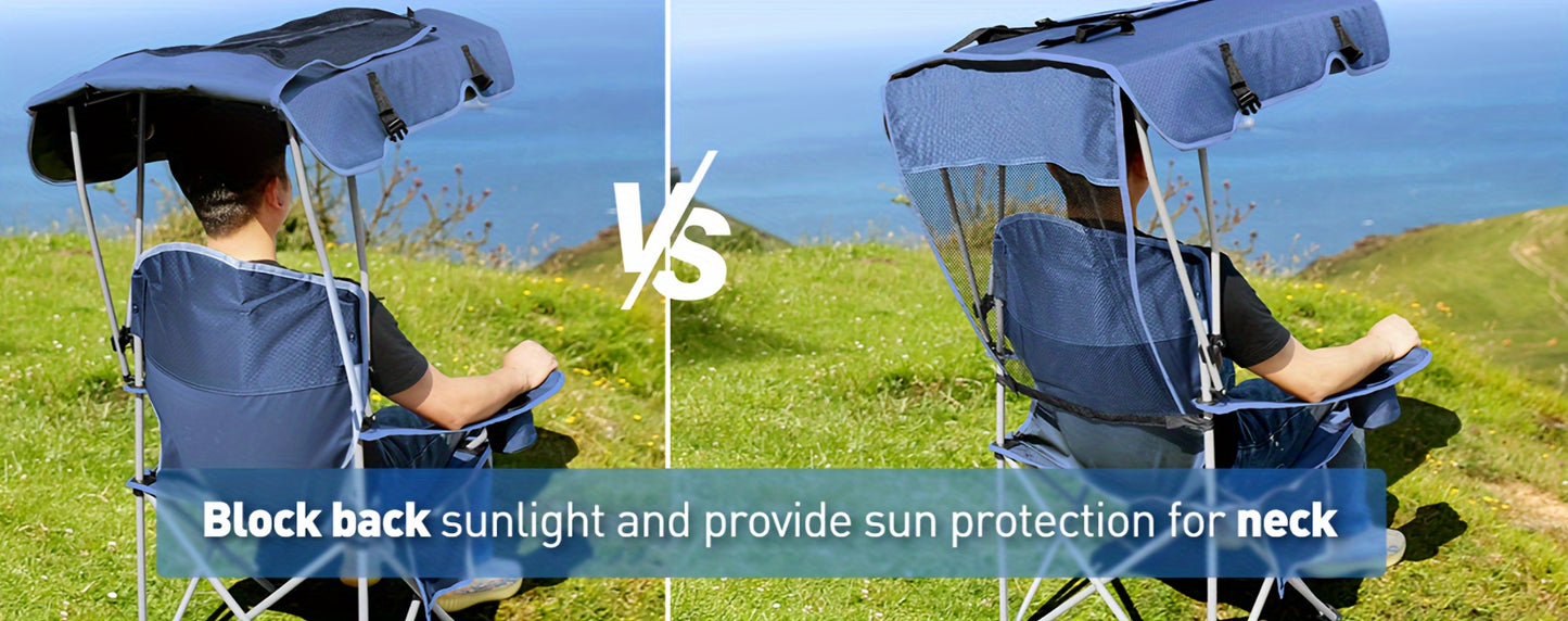 Beach Chair With Canopy Shade, Folding Camping Chair With Canopy With Cup Holder, Side Pocket For Camp, Beach, Tailgates, Fishing - Support 330 LBS