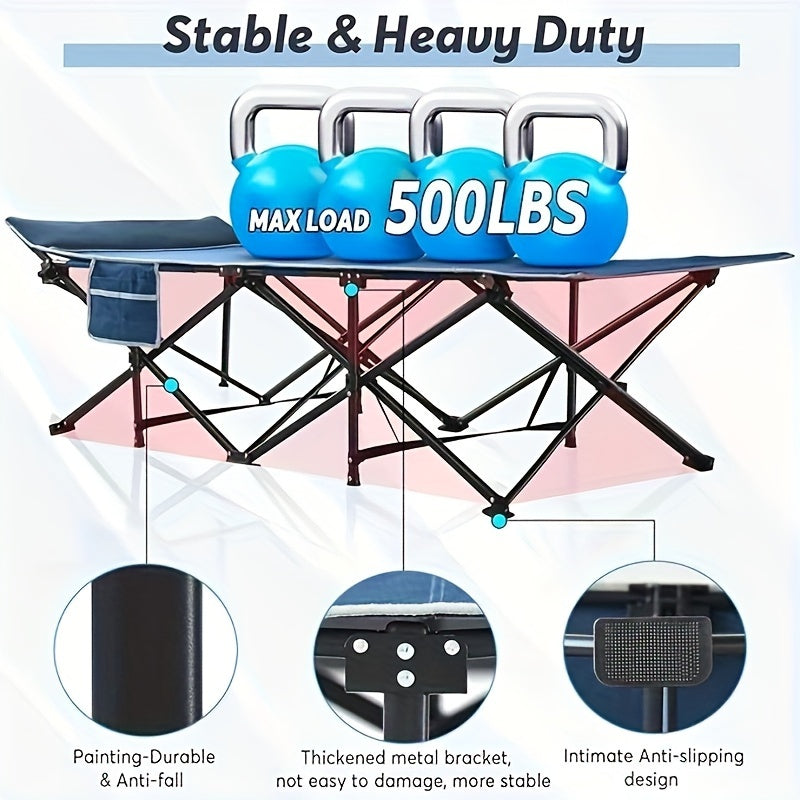 Oversized 32in XXL Folding Camping Cot - 79" L x 32" W x 19" H Camp Cot with Mattress, Carry Bag, and Strapping - 500lbs Support, Blue Cot with Black Pad