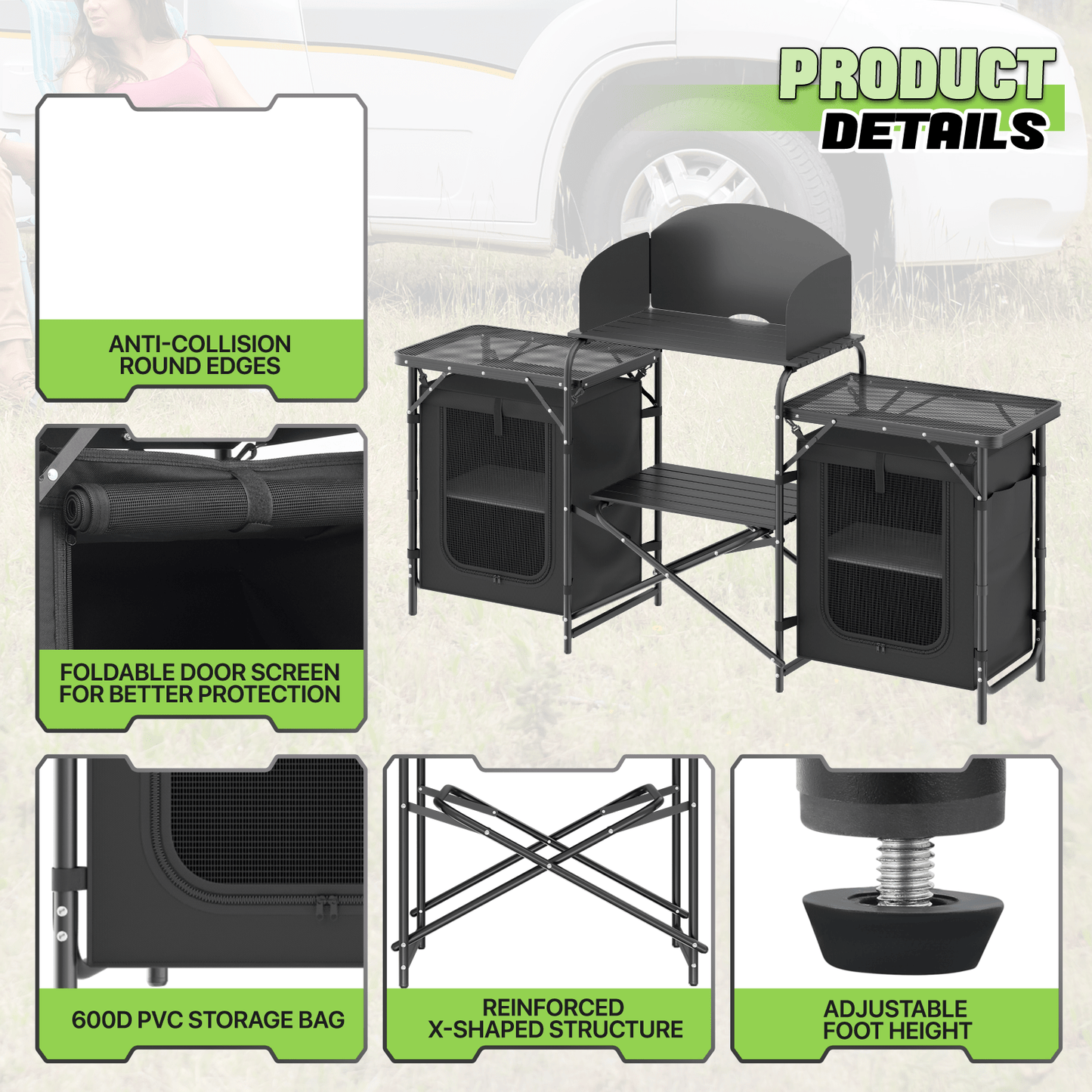 Magshion Folding Portable Cook Table with Storage Organizer & Windscreen, Camping Kitchen Table Outdoor Camp Table with Zippered Bag