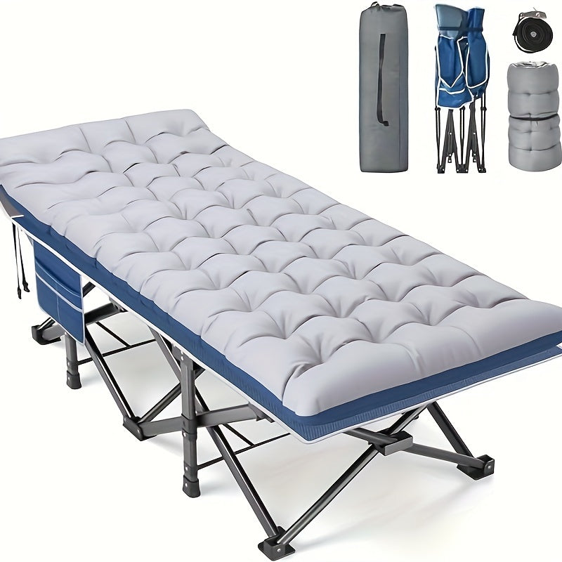 Oversized 32in XXL Folding Camping Cot - 79" L x 32" W x 19" H Camp Cot with Mattress, Carry Bag, and Strapping - 500lbs Support, Blue Cot with Black Pad