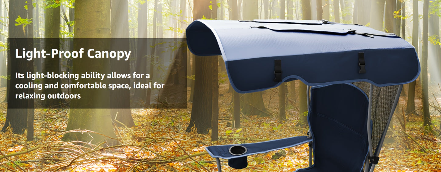 Beach Chair With Canopy Shade, Folding Camping Chair With Canopy With Cup Holder, Side Pocket For Camp, Beach, Tailgates, Fishing - Support 330 LBS